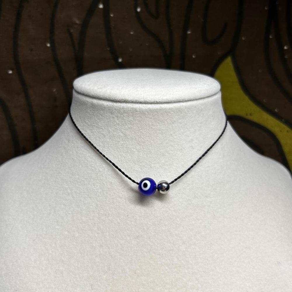 Evil eye dainty minimalist blue stainless steel choker cord adjustable indie